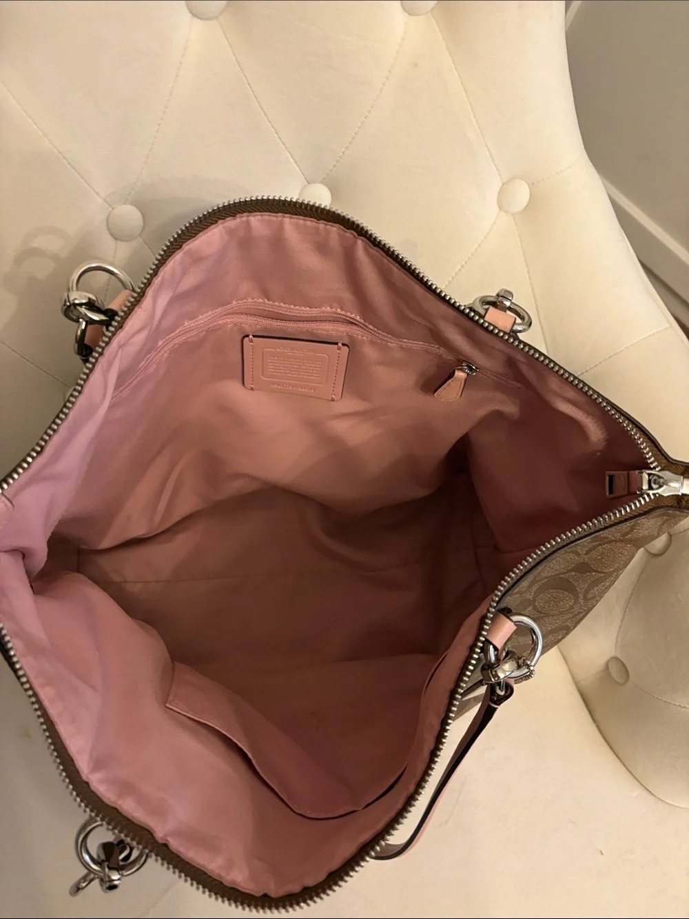 COACH Brown Signature Tote with Pink Trim and Handles
